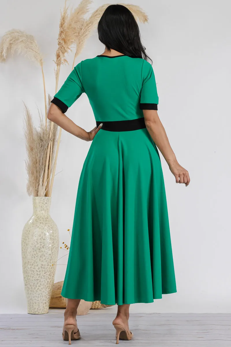 HH730R-SOLID - CONTRAST TRIM FLOWY DRESS