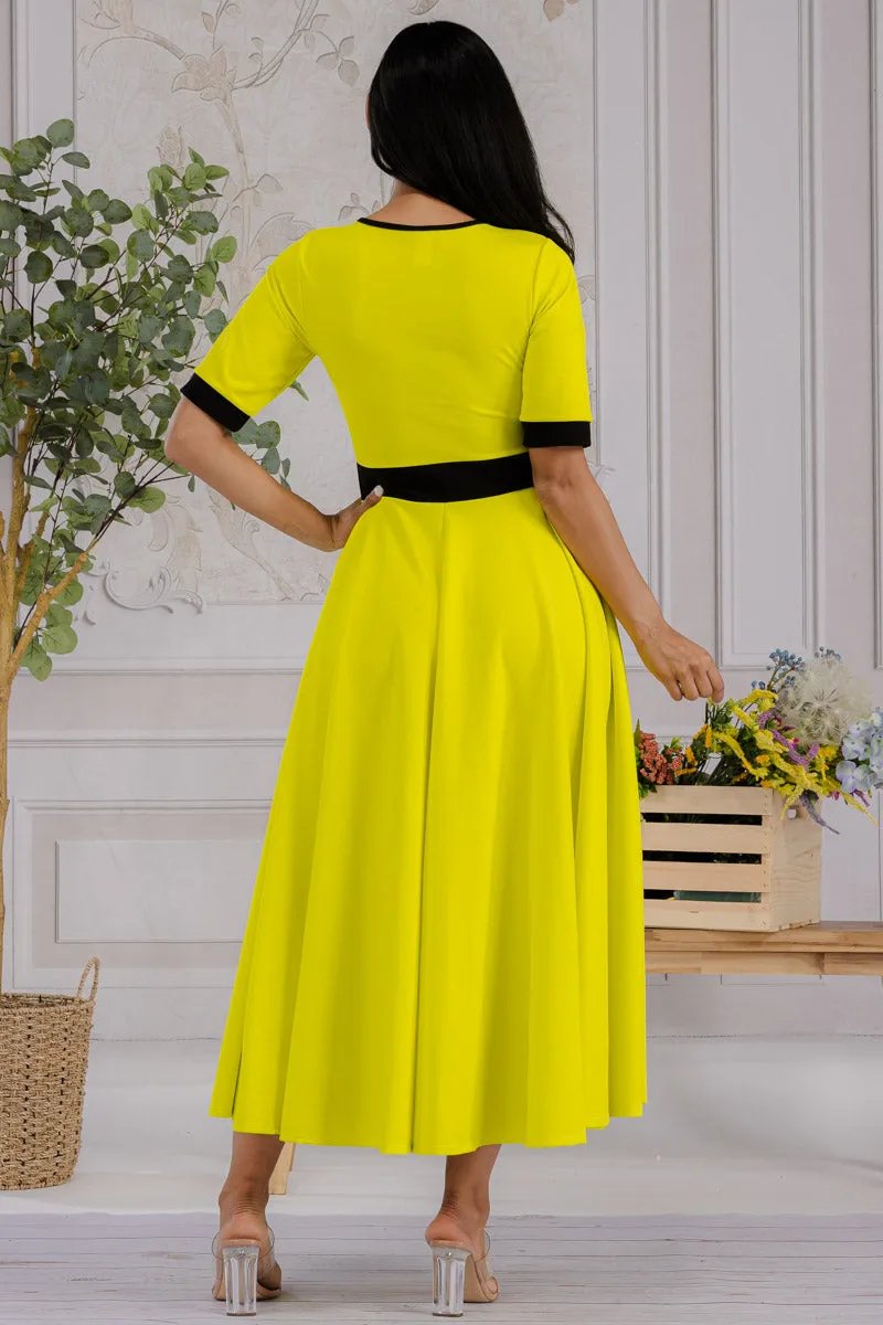 HH730R-SOLID - CONTRAST TRIM FLOWY DRESS