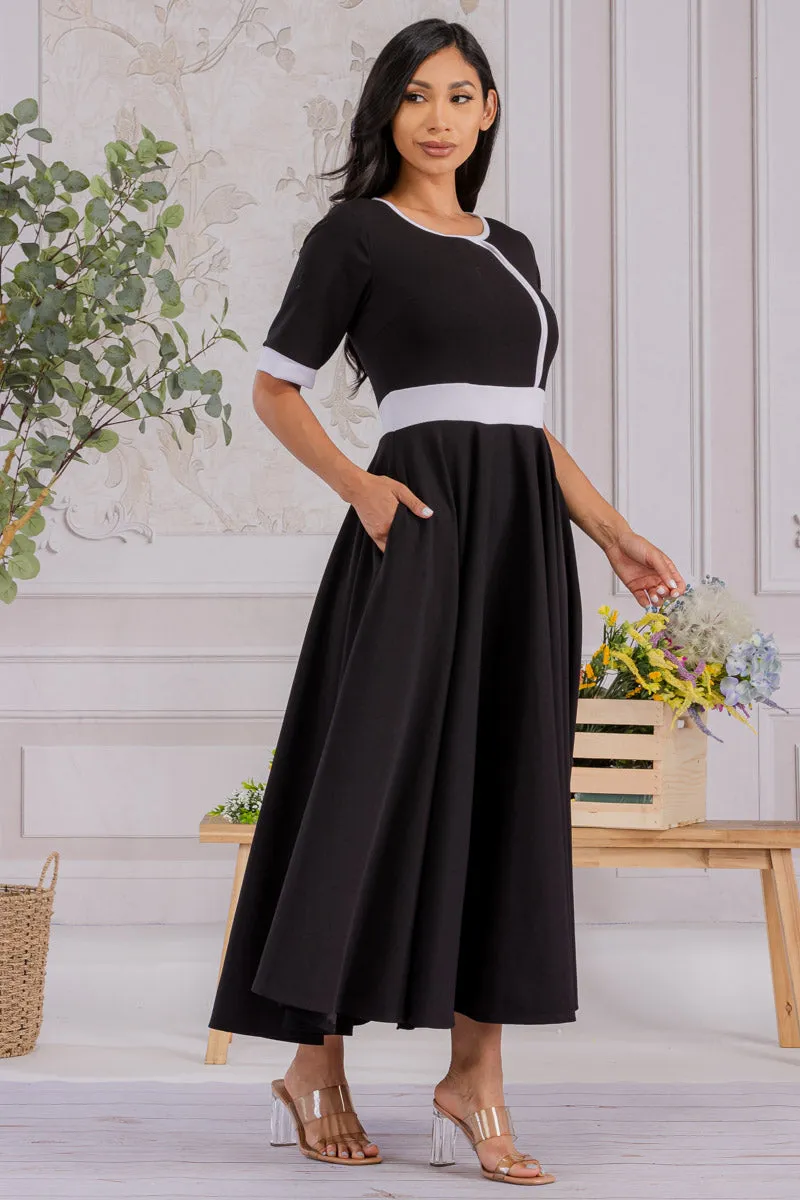 HH730R-SOLID - CONTRAST TRIM FLOWY DRESS