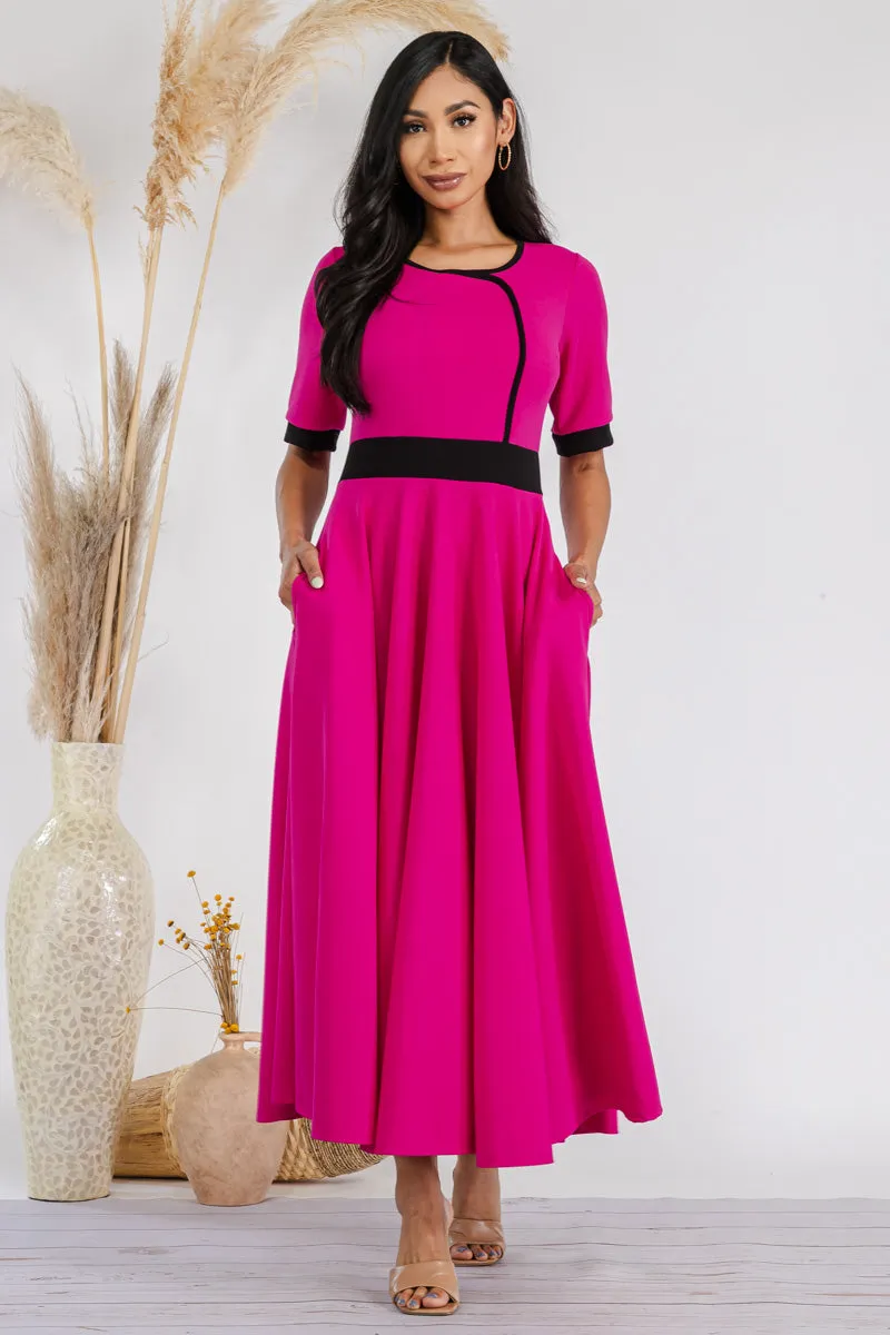 HH730R-SOLID - CONTRAST TRIM FLOWY DRESS