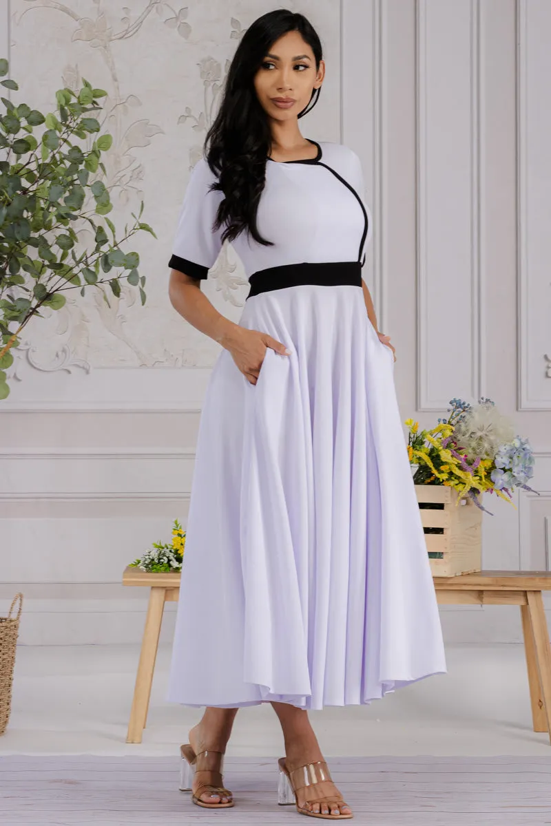 HH730R-SOLID - CONTRAST TRIM FLOWY DRESS