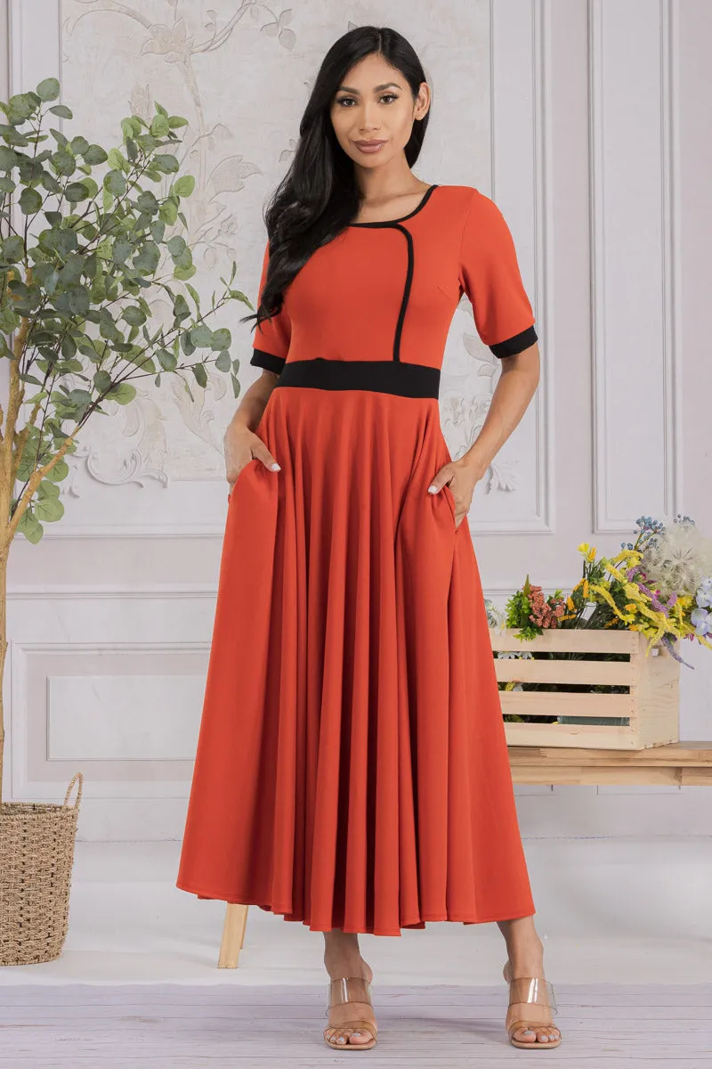 HH730R-SOLID - CONTRAST TRIM FLOWY DRESS