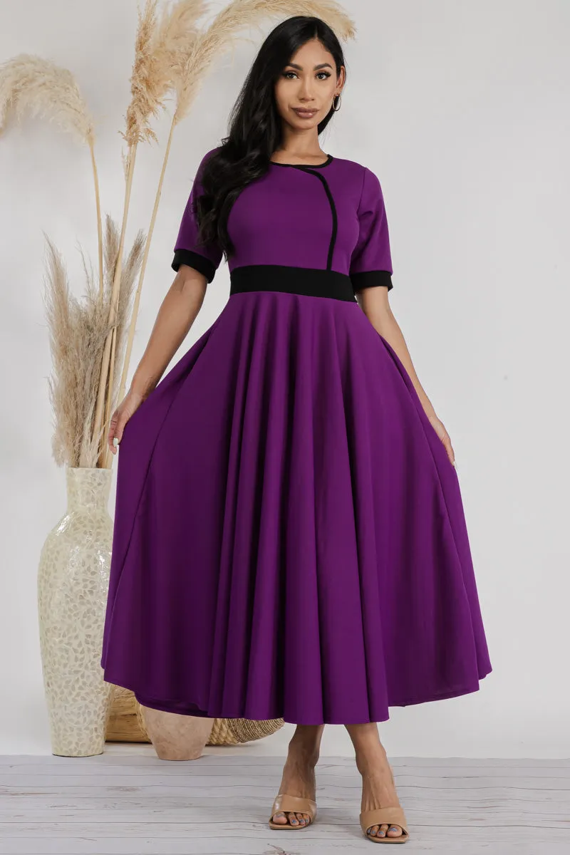 HH730R-SOLID - CONTRAST TRIM FLOWY DRESS