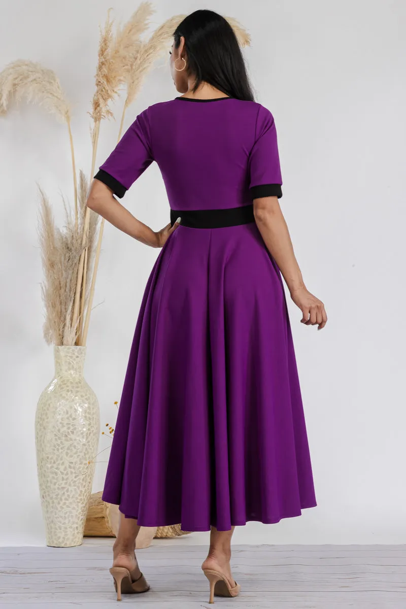 HH730R-SOLID - CONTRAST TRIM FLOWY DRESS