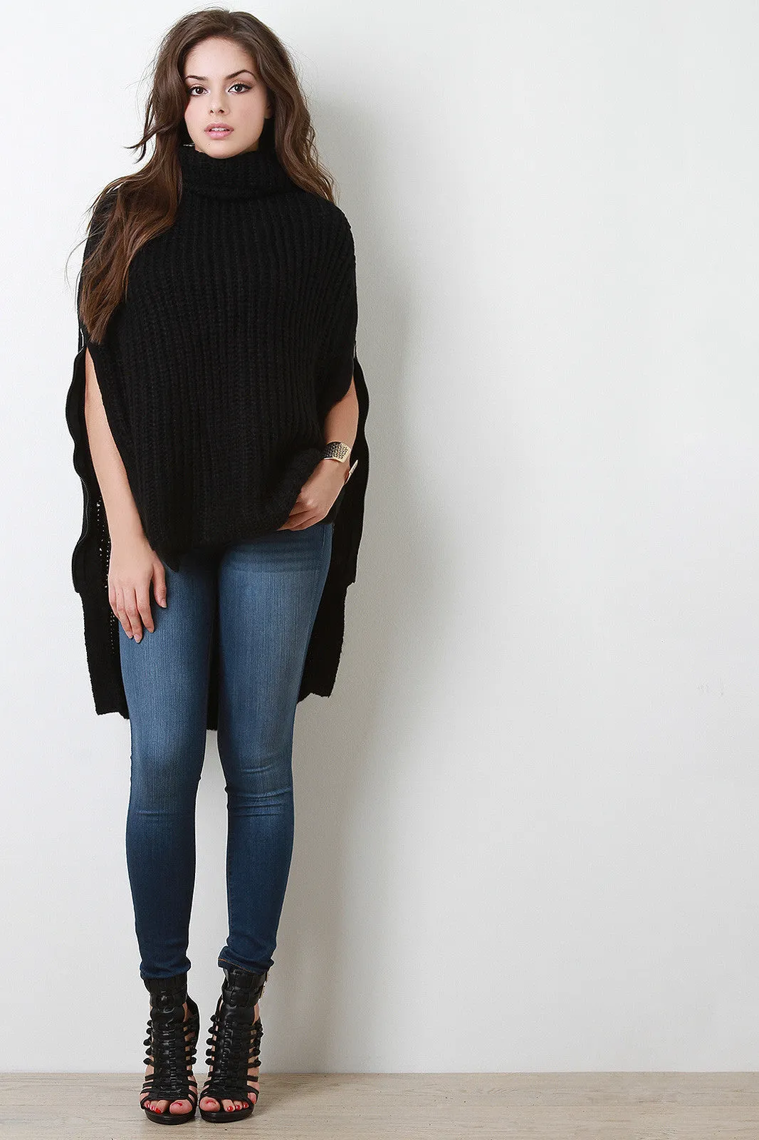 High-Low Turtleneck Knit Poncho Cape