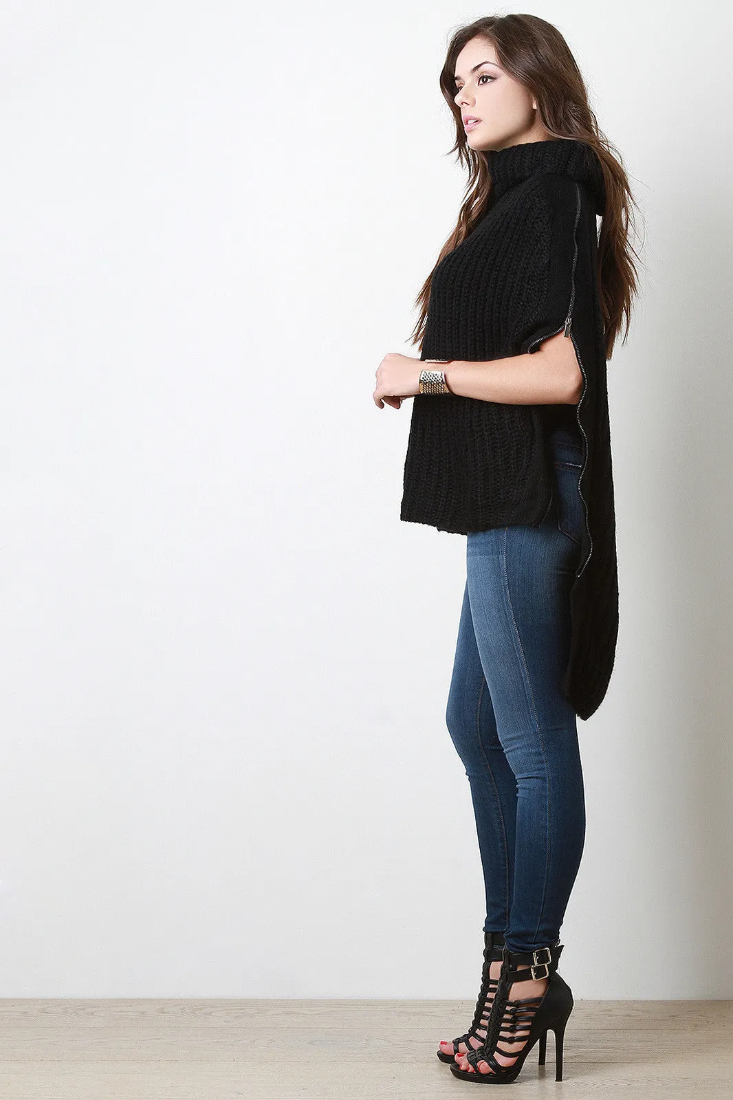 High-Low Turtleneck Knit Poncho Cape