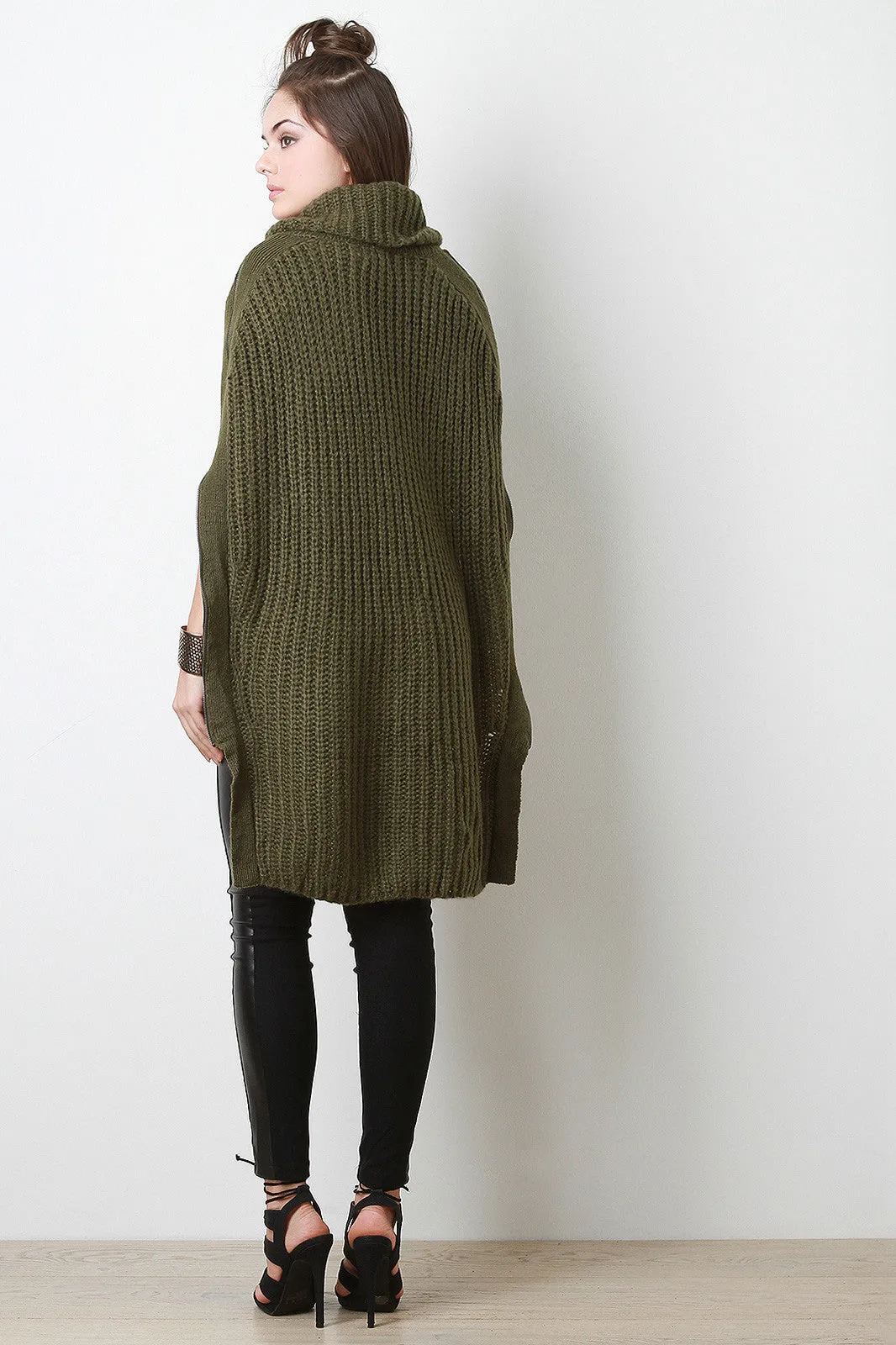 High-Low Turtleneck Knit Poncho Cape