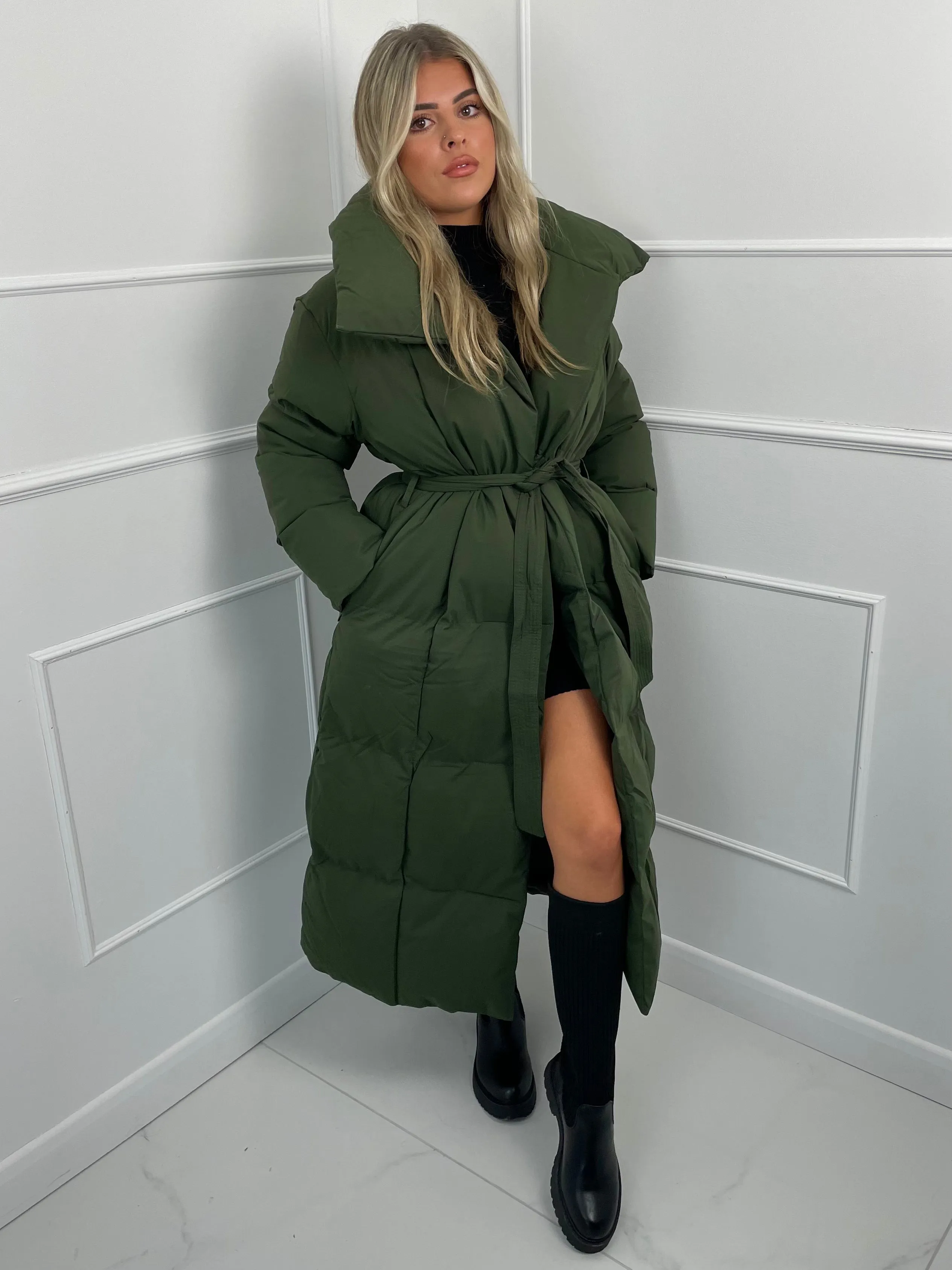 Long Belted Puffer Coat - Khaki