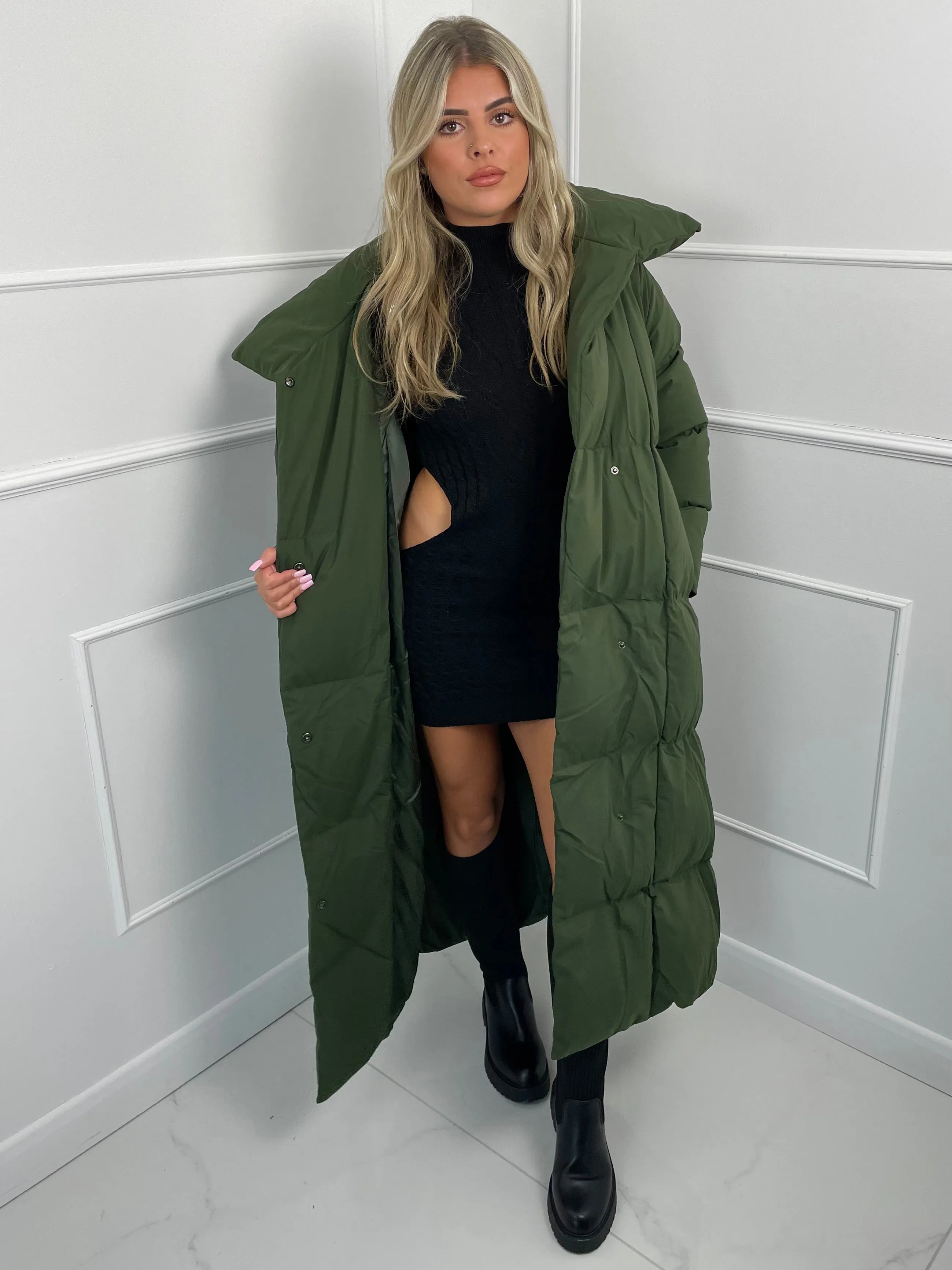 Long Belted Puffer Coat - Khaki