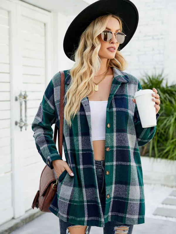 Long-sleeve lapel plaid shirt jacket