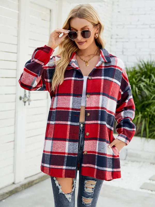 Long-sleeve lapel plaid shirt jacket