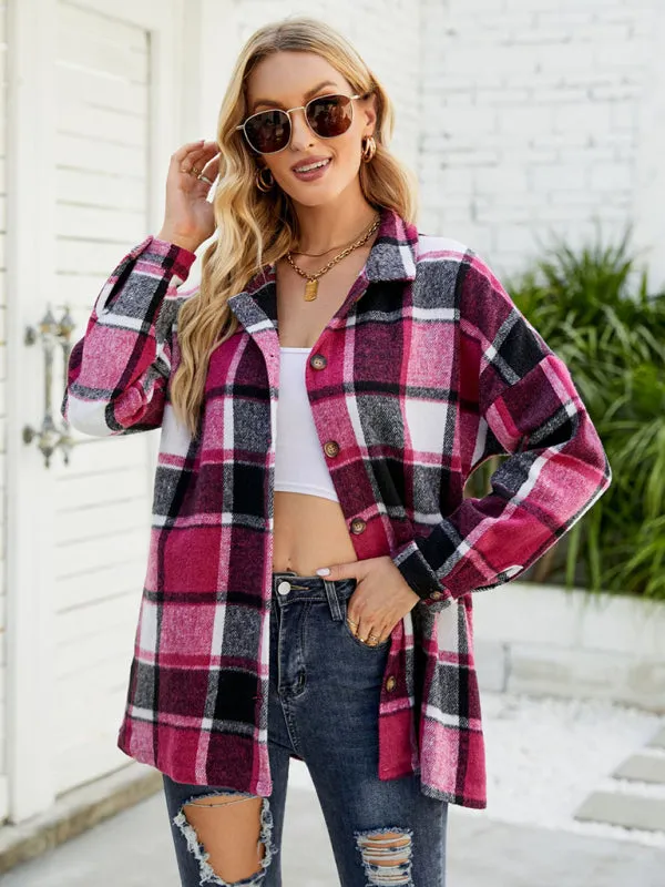 Long-sleeve lapel plaid shirt jacket