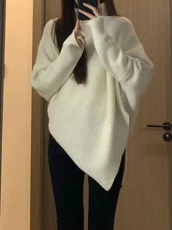 Long Sleeves Loose Asymmetric Solid Color Velvet High Neck Knitwear Pullovers Sweater Tops