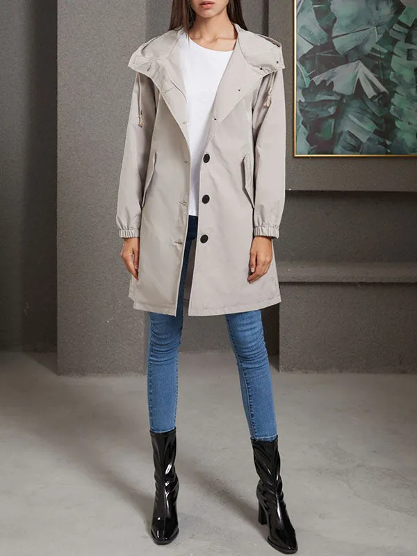 Long Sleeves Loose Buttoned Drawstring Elasticity Hooded Pockets Split-Back Waterproof High-Neck Trench Coats