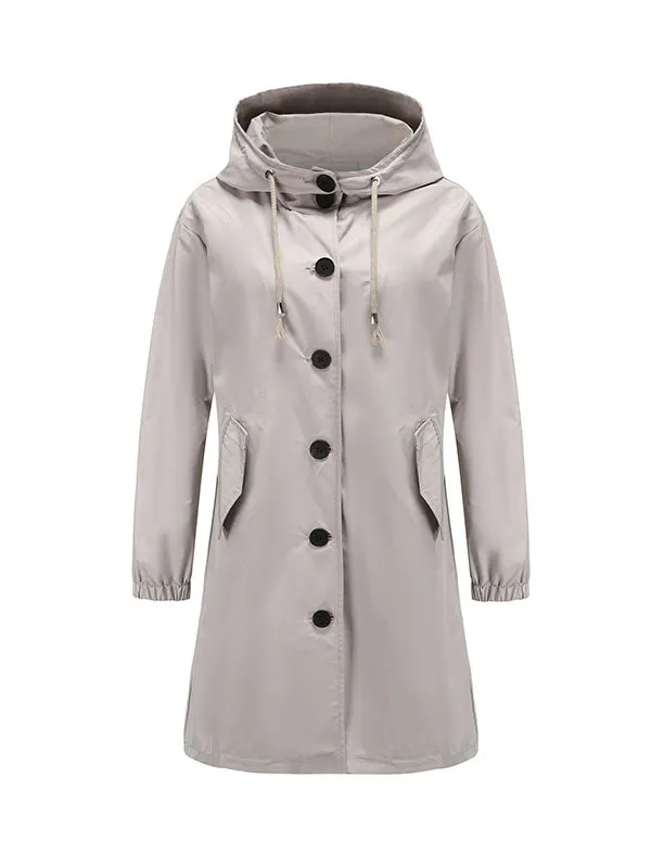 Long Sleeves Loose Buttoned Drawstring Elasticity Hooded Pockets Split-Back Waterproof High-Neck Trench Coats