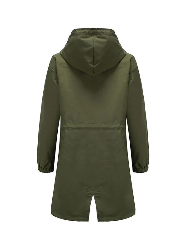 Long Sleeves Loose Buttoned Drawstring Elasticity Hooded Pockets Split-Back Waterproof High-Neck Trench Coats