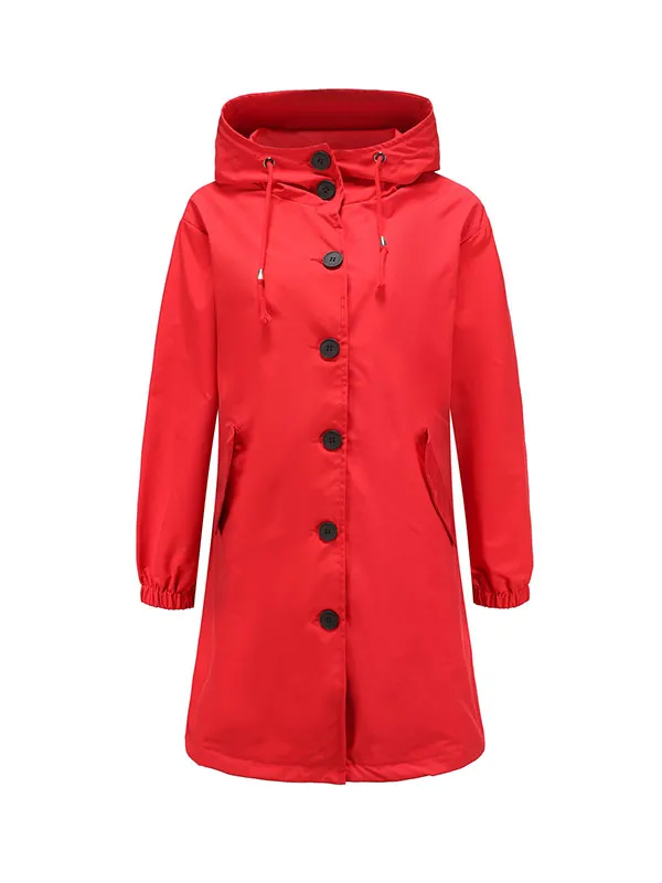 Long Sleeves Loose Buttoned Drawstring Elasticity Hooded Pockets Split-Back Waterproof High-Neck Trench Coats