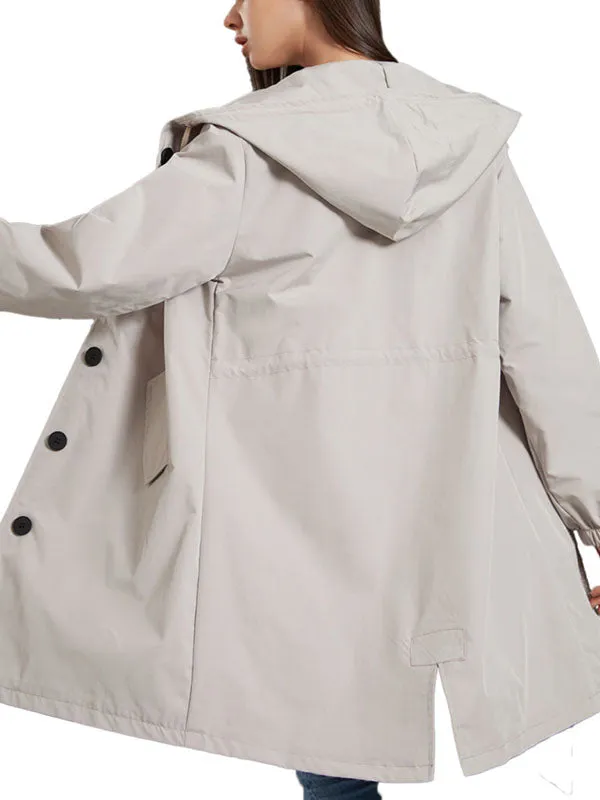 Long Sleeves Loose Buttoned Drawstring Elasticity Hooded Pockets Split-Back Waterproof High-Neck Trench Coats