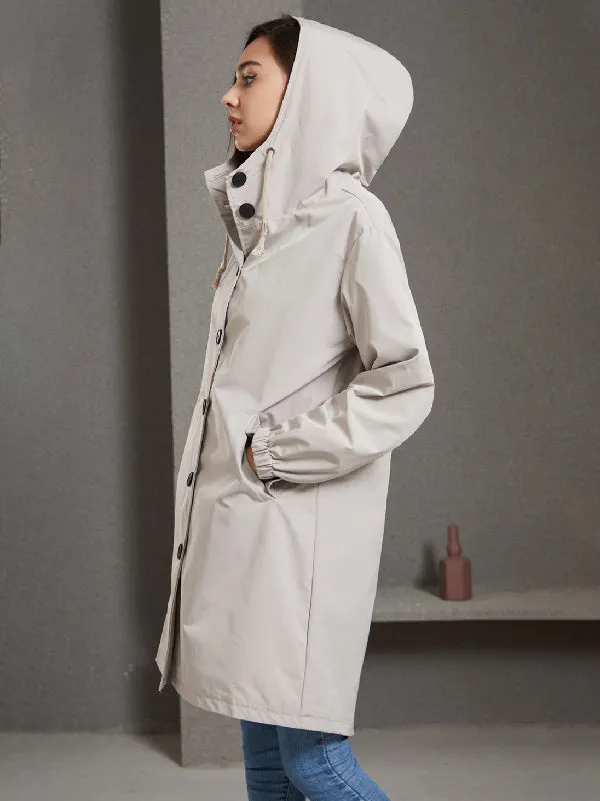 Long Sleeves Loose Buttoned Drawstring Elasticity Hooded Pockets Split-Back Waterproof High-Neck Trench Coats