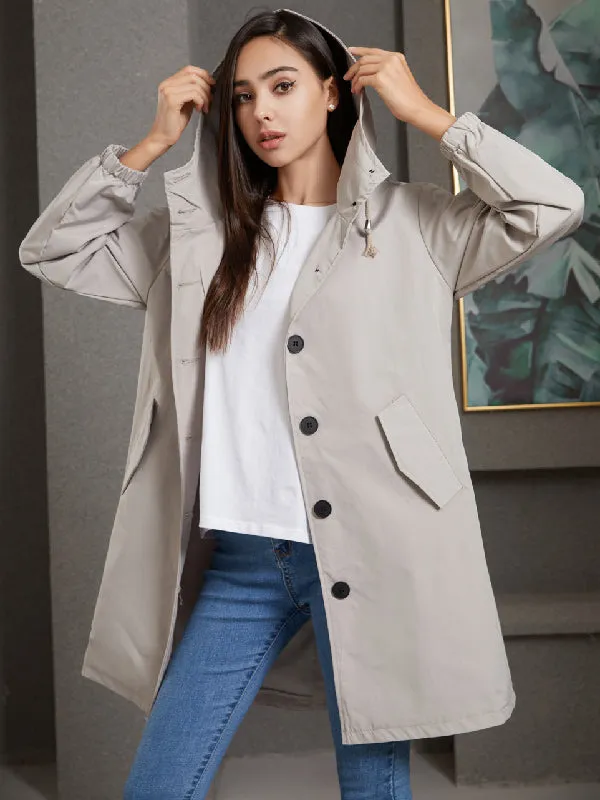 Long Sleeves Loose Buttoned Drawstring Elasticity Hooded Pockets Split-Back Waterproof High-Neck Trench Coats