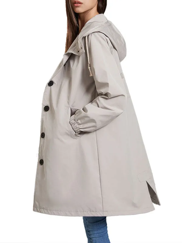 Long Sleeves Loose Buttoned Drawstring Elasticity Hooded Pockets Split-Back Waterproof High-Neck Trench Coats