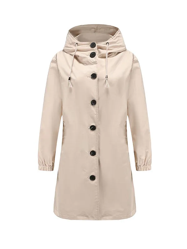 Long Sleeves Loose Buttoned Drawstring Elasticity Hooded Pockets Split-Back Waterproof High-Neck Trench Coats