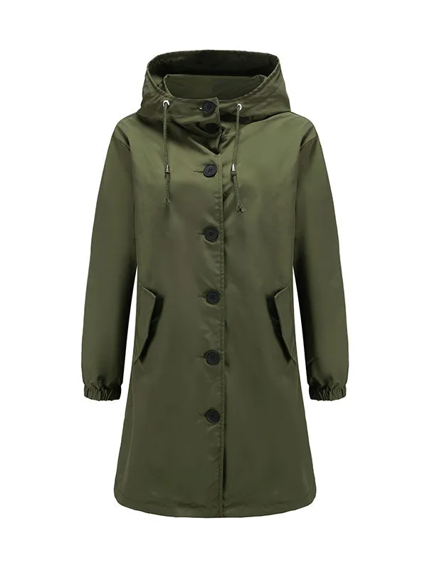 Long Sleeves Loose Buttoned Drawstring Elasticity Hooded Pockets Split-Back Waterproof High-Neck Trench Coats