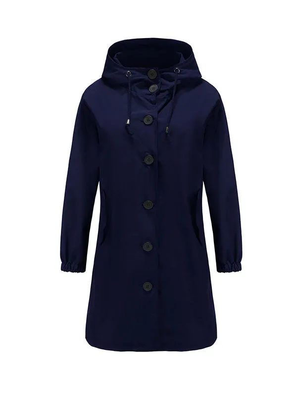 Long Sleeves Loose Buttoned Drawstring Elasticity Hooded Pockets Split-Back Waterproof High-Neck Trench Coats