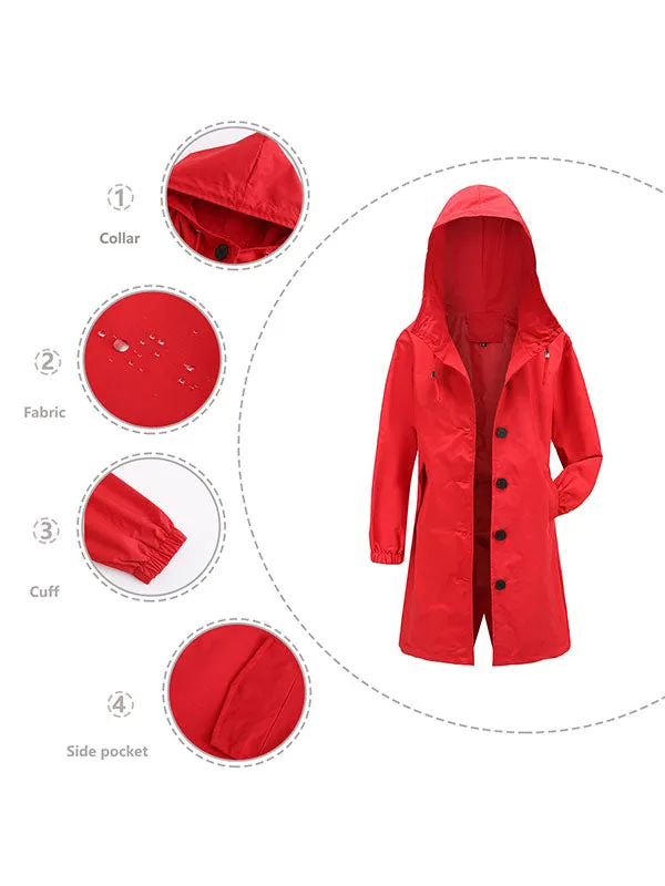 Long Sleeves Loose Buttoned Drawstring Elasticity Hooded Pockets Split-Back Waterproof High-Neck Trench Coats