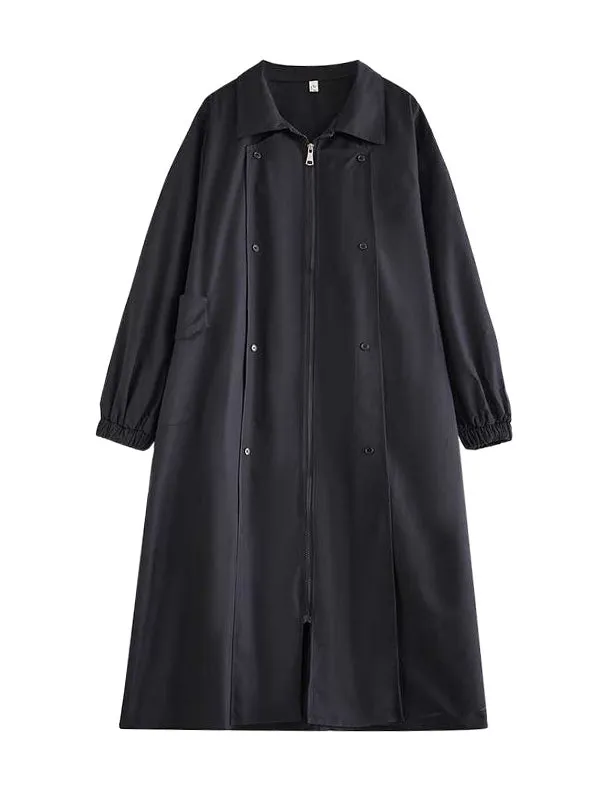 Long Sleeves Loose Buttoned Elasticity Pockets Split-Joint Zipper Lapel Outerwear Trench Coats