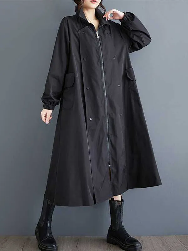 Long Sleeves Loose Buttoned Elasticity Pockets Split-Joint Zipper Lapel Outerwear Trench Coats