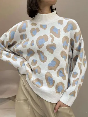 Long Sleeves Loose Leopard Mock Neck Pullovers Sweater Tops