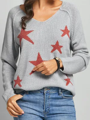 Long Sleeves Loose Split-Joint V-Neck Pullovers Sweater Tops