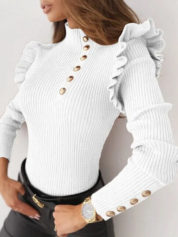 Long Sleeves Skinny Buttoned Falbala Split-Joint High-Neck Pullovers Sweater Tops