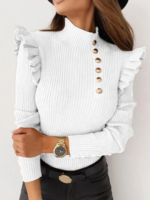 Long Sleeves Skinny Buttoned Falbala Split-Joint High-Neck Pullovers Sweater Tops