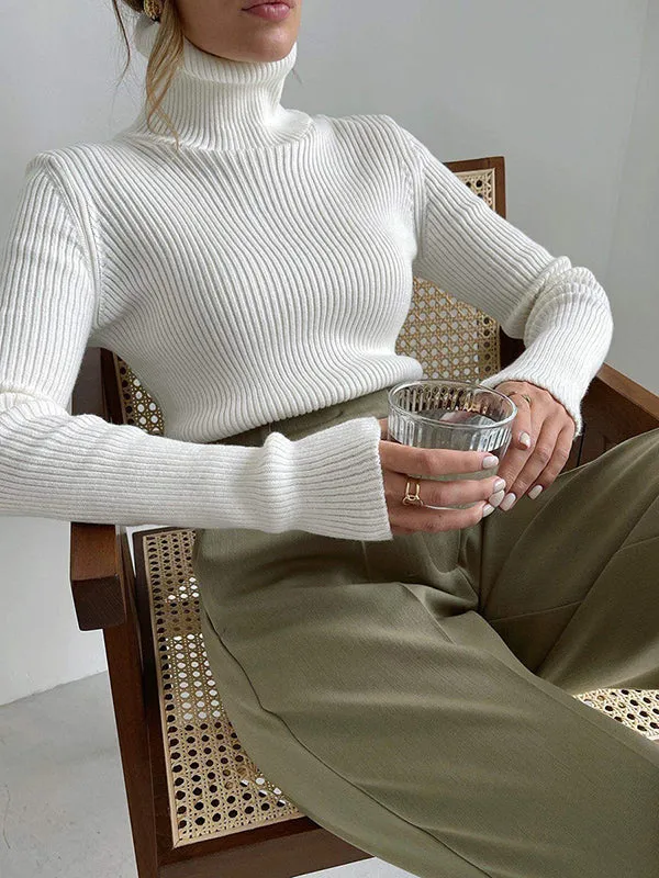 Long Sleeves Skinny Solid Color High Neck Pullovers Sweater Tops