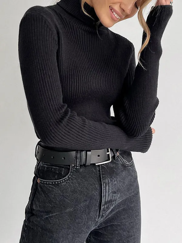 Long Sleeves Skinny Solid Color High Neck Pullovers Sweater Tops