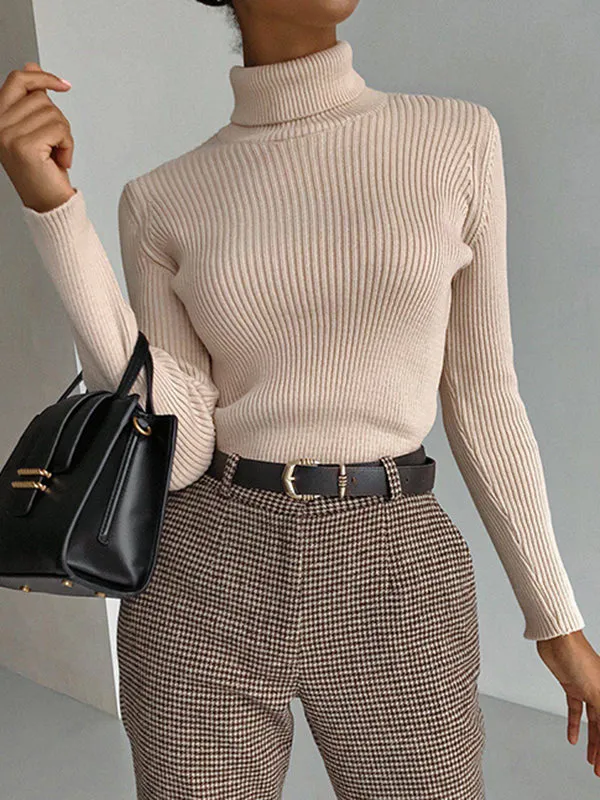 Long Sleeves Skinny Solid Color High Neck Pullovers Sweater Tops