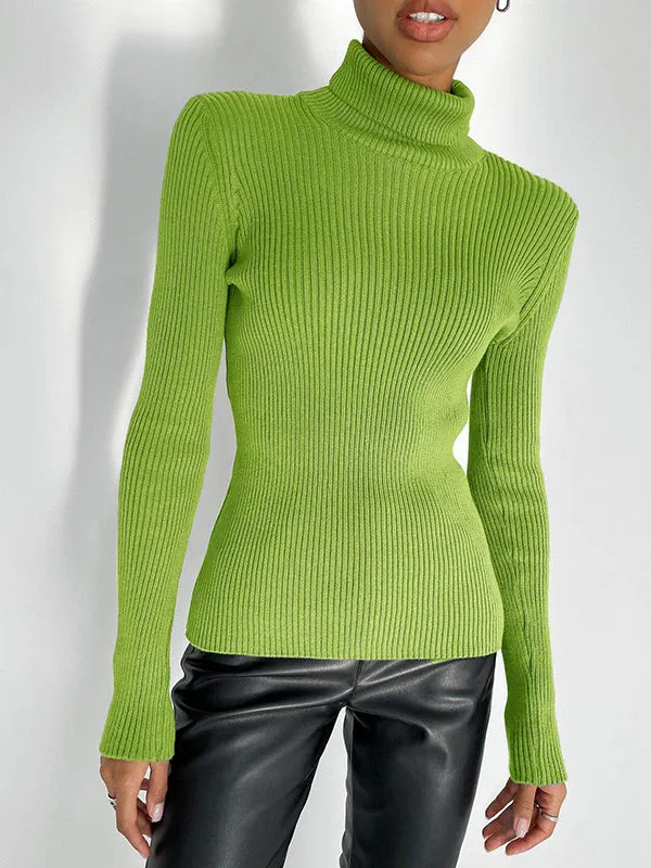 Long Sleeves Skinny Solid Color High Neck Pullovers Sweater Tops