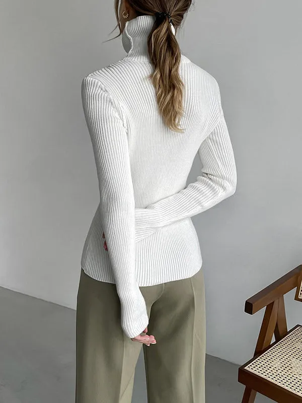 Long Sleeves Skinny Solid Color High Neck Pullovers Sweater Tops