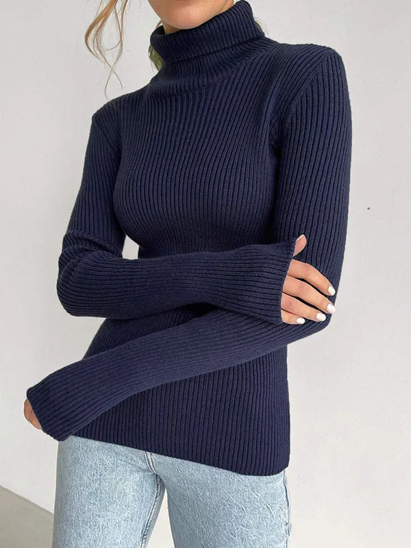 Long Sleeves Skinny Solid Color High Neck Pullovers Sweater Tops