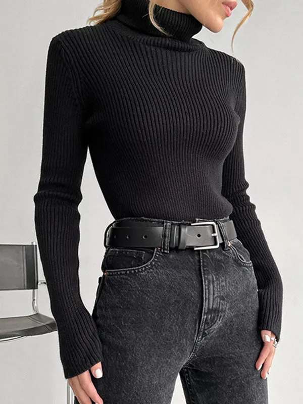 Long Sleeves Skinny Solid Color High Neck Pullovers Sweater Tops