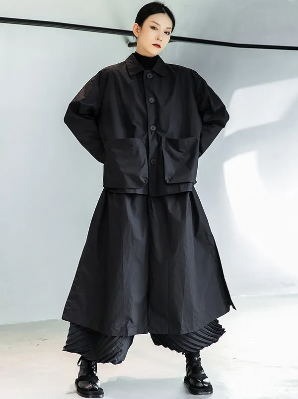 Loose Split-Joint Black False Two Trench Coat