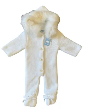 Mac Ilusion AW24 - Baby Knitted Lined White Pramsuit with Natural Fur Hood