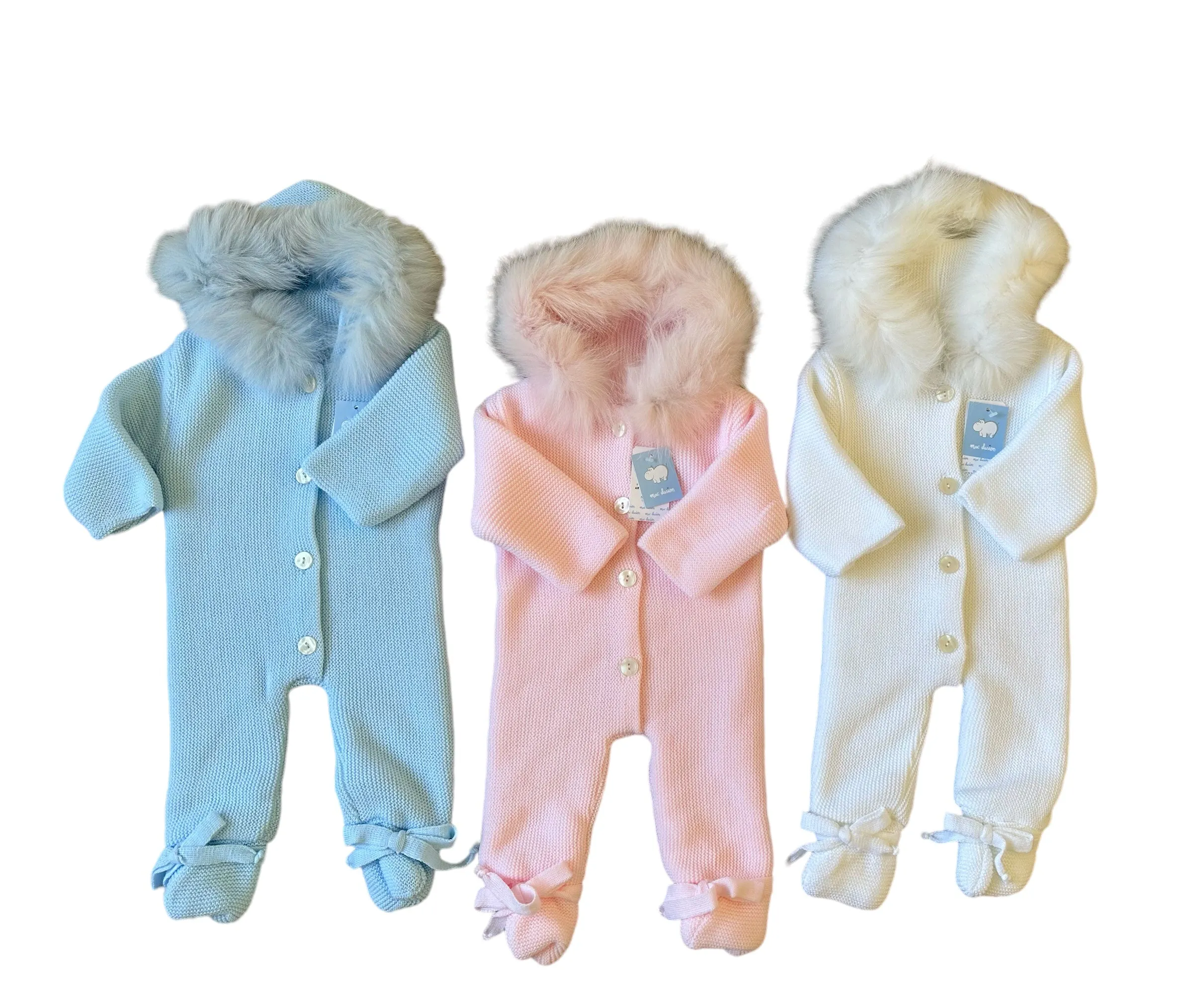 Mac Ilusion AW24 - Baby Knitted Lined White Pramsuit with Natural Fur Hood