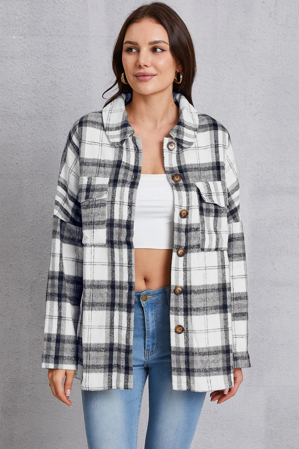 MeiMei Plaid Button Up Dropped Shoulder Outerwear