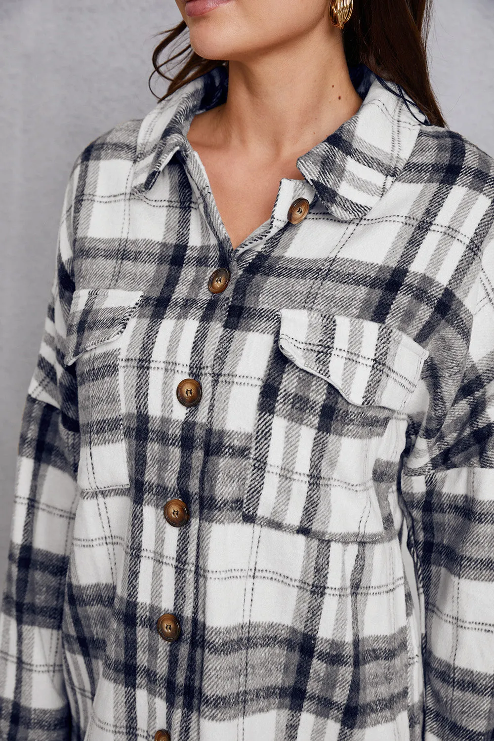 MeiMei Plaid Button Up Dropped Shoulder Outerwear