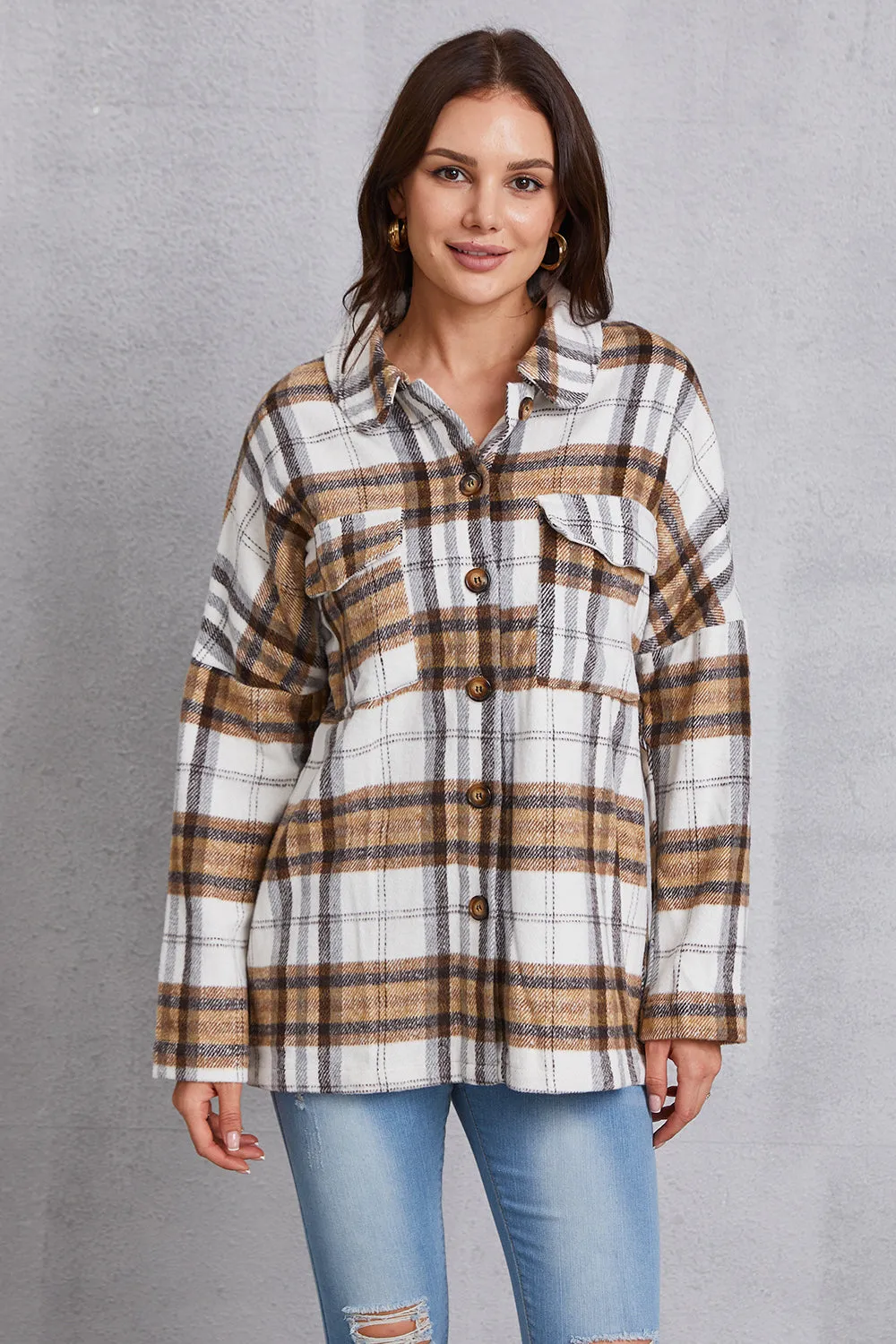 MeiMei Plaid Button Up Dropped Shoulder Outerwear