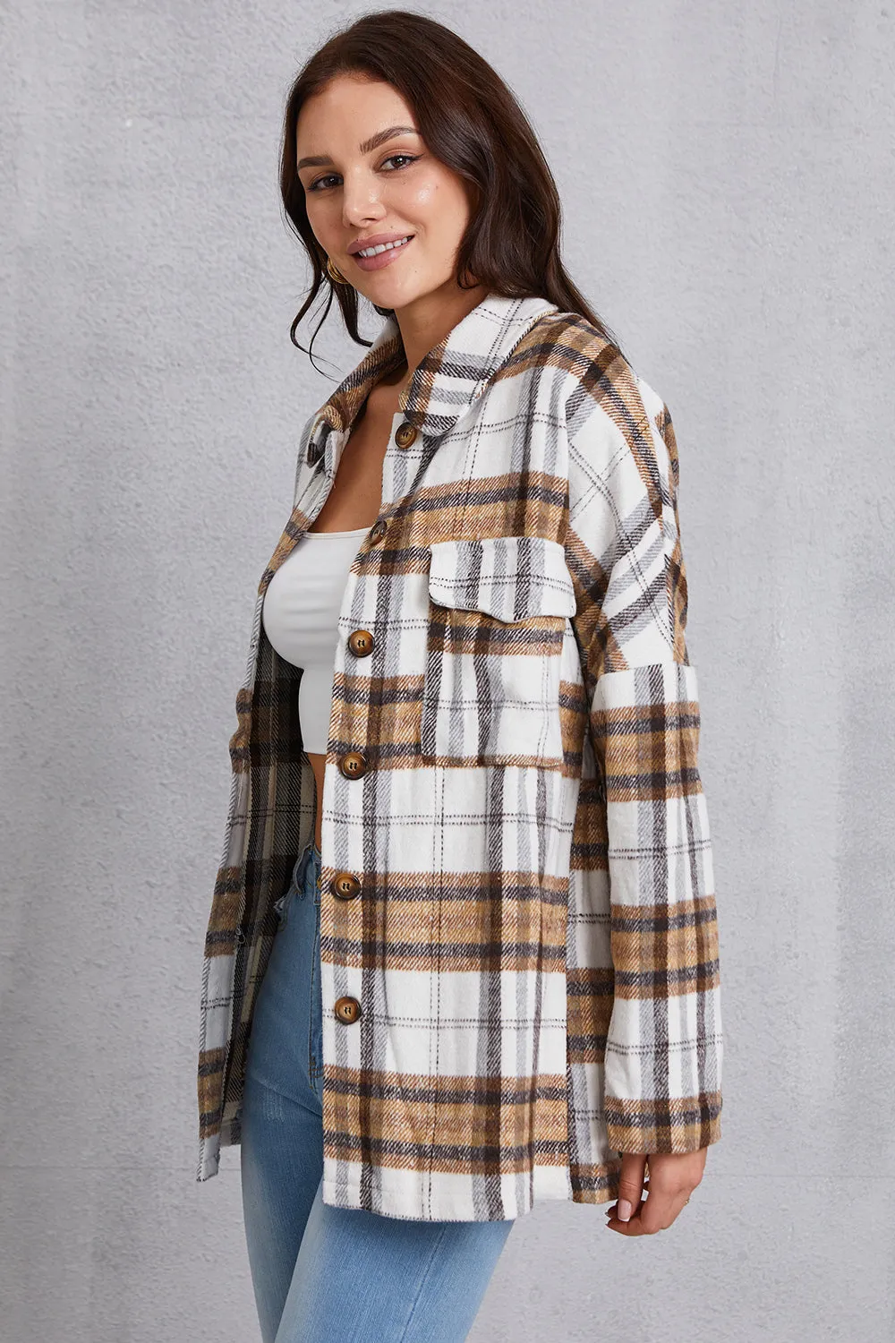 MeiMei Plaid Button Up Dropped Shoulder Outerwear