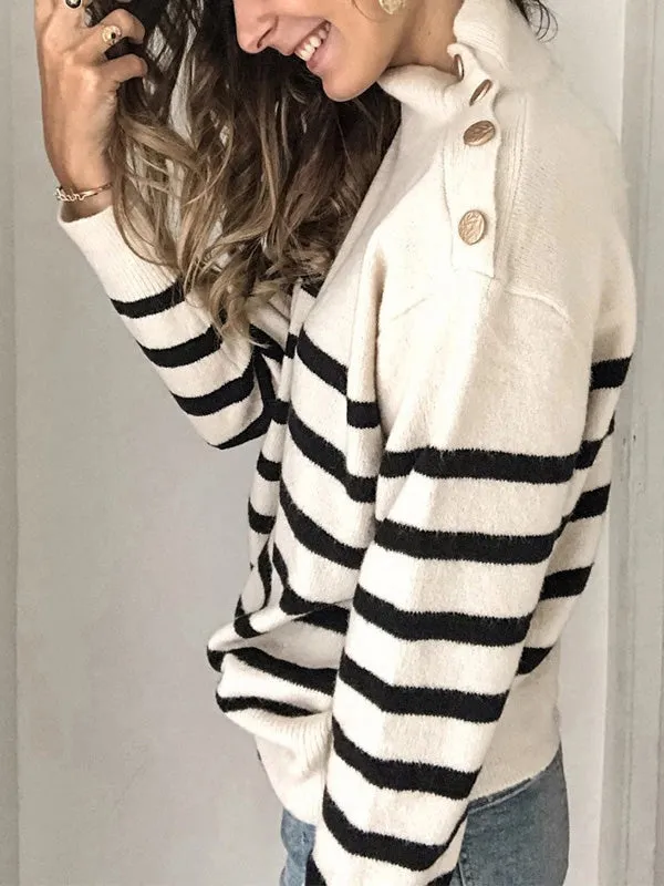 Original Loose Striped Buttoned High-Neck Long Sleeves Sweater Top